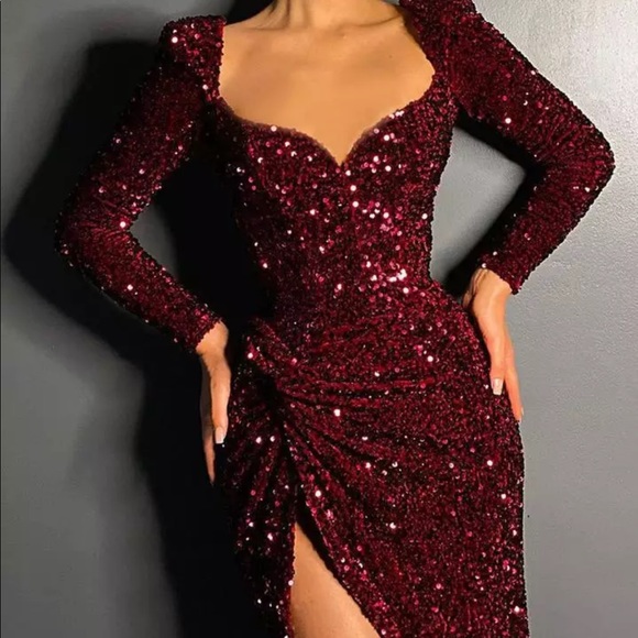 Sequin Maxi Dress Elegant Long Sleeve Dresses Burgundy Hem Slit , Great for Prom - Picture 4 of 5